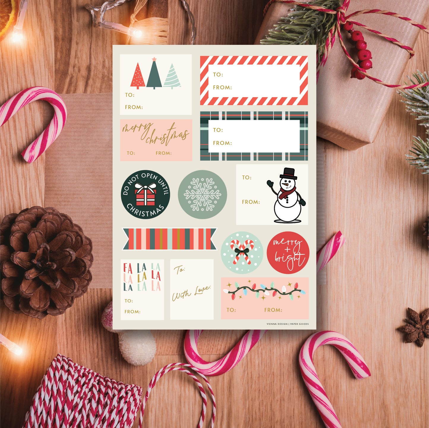 Our gift tag sticker sheets come in packa of (2) and are 5x7. Each sheet includes 8 customizable gift tags as well as 5 fun stickers to add to your packaging this holiday!