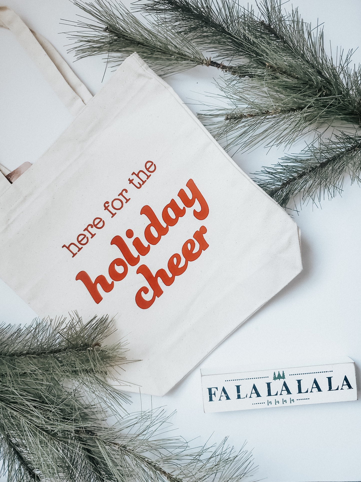 here for the holiday cheer tote bag