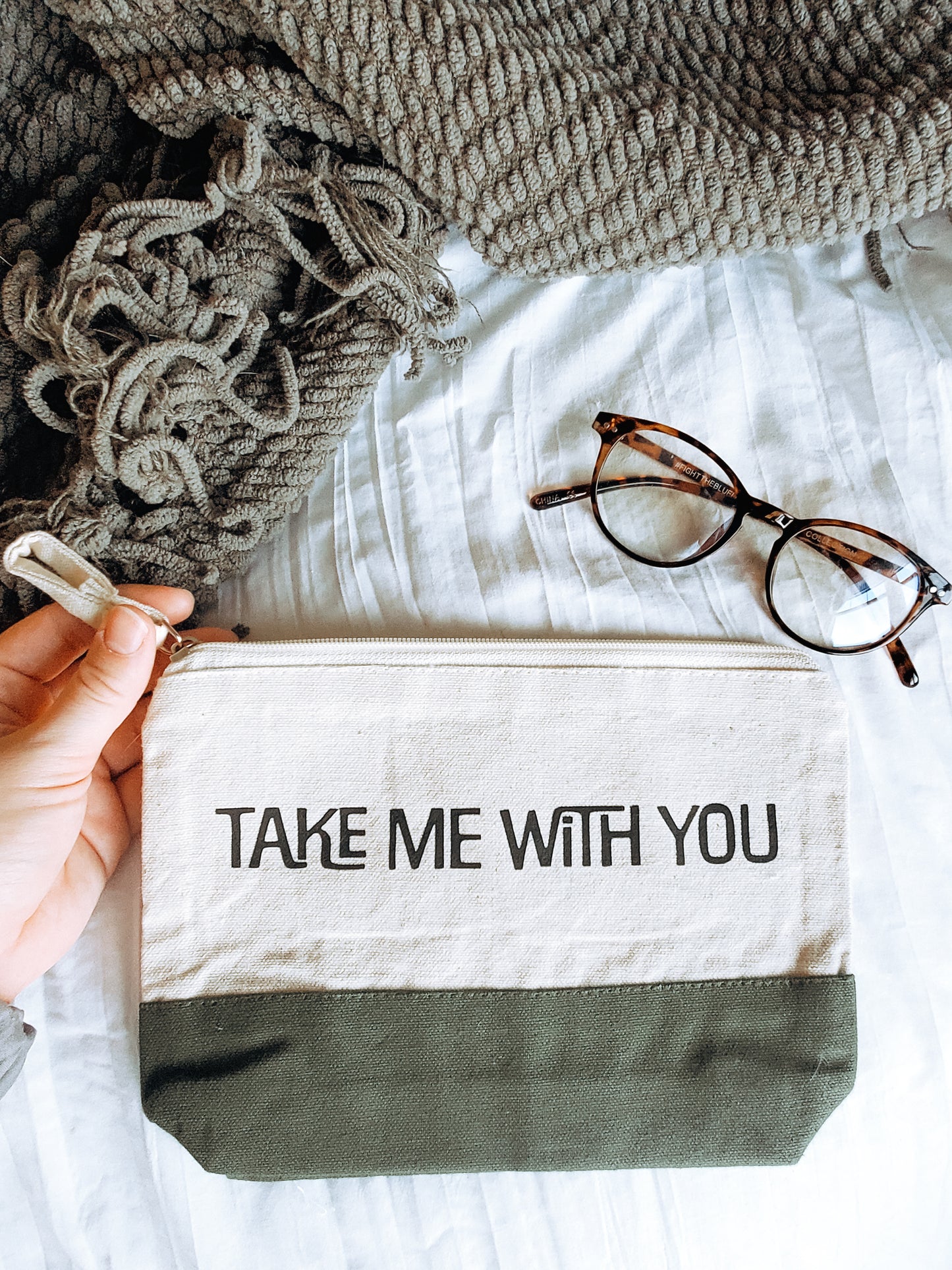 'take me with you' canvas pouch